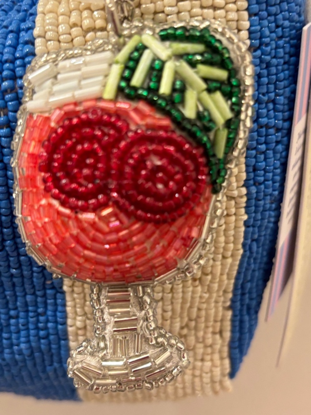 NWT Beaded Blue & Cream Striped Cocktail Motif Shoulder Bag w/ charm/Keychain - Picture 6 of 8